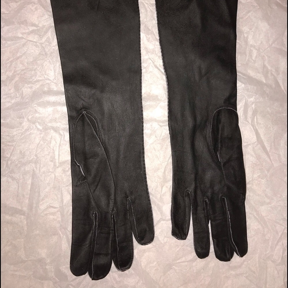 RARE Vintage City Paris San Fran black kidskin leather 3/4 length opera gloves